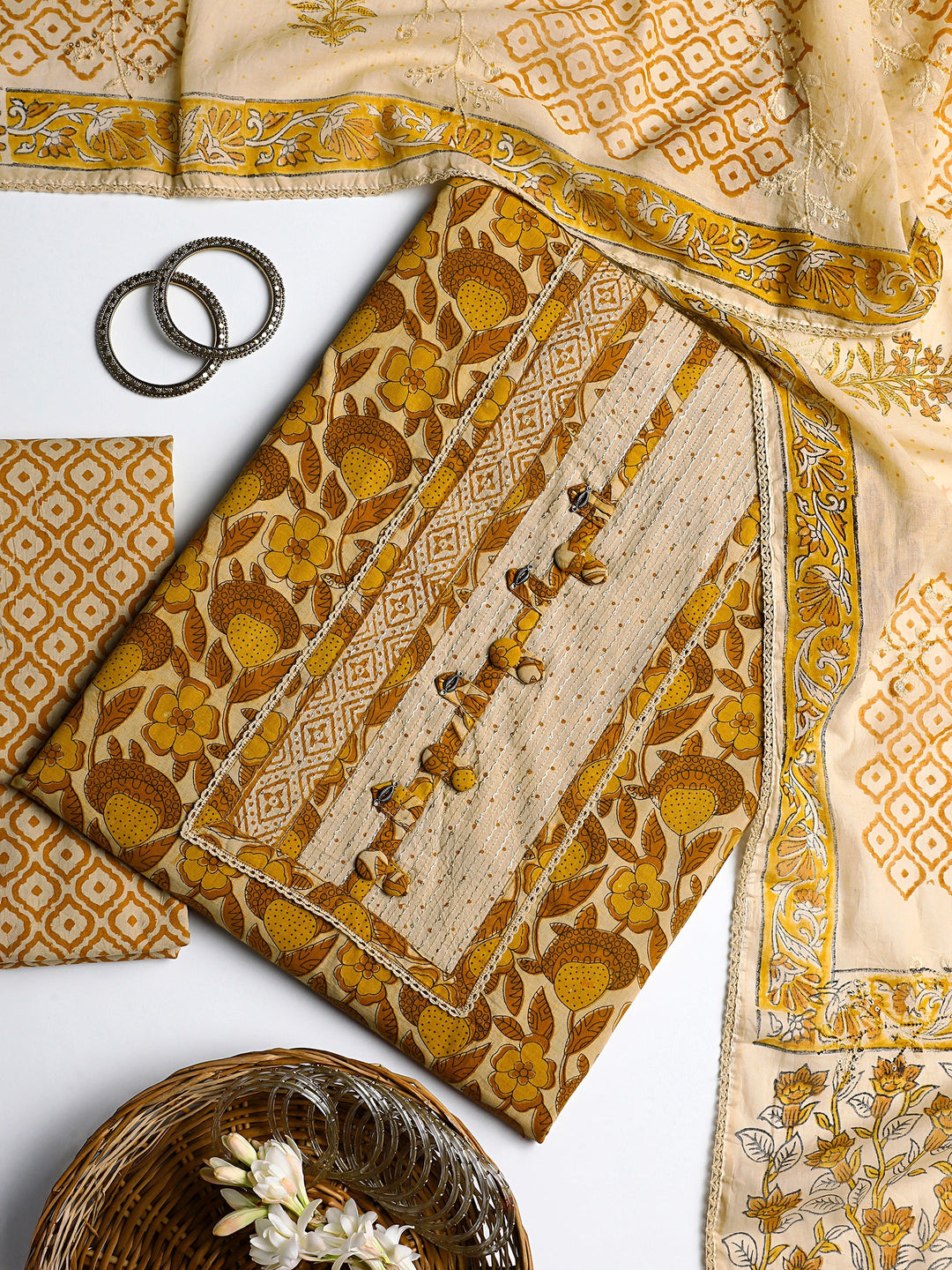 Yellow Floral Printed Cotton Dress Material With Dupatta