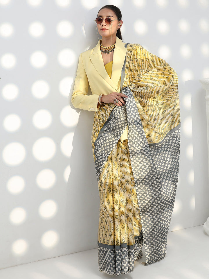 Light Yellow Sanganeri Print Cotton Saree