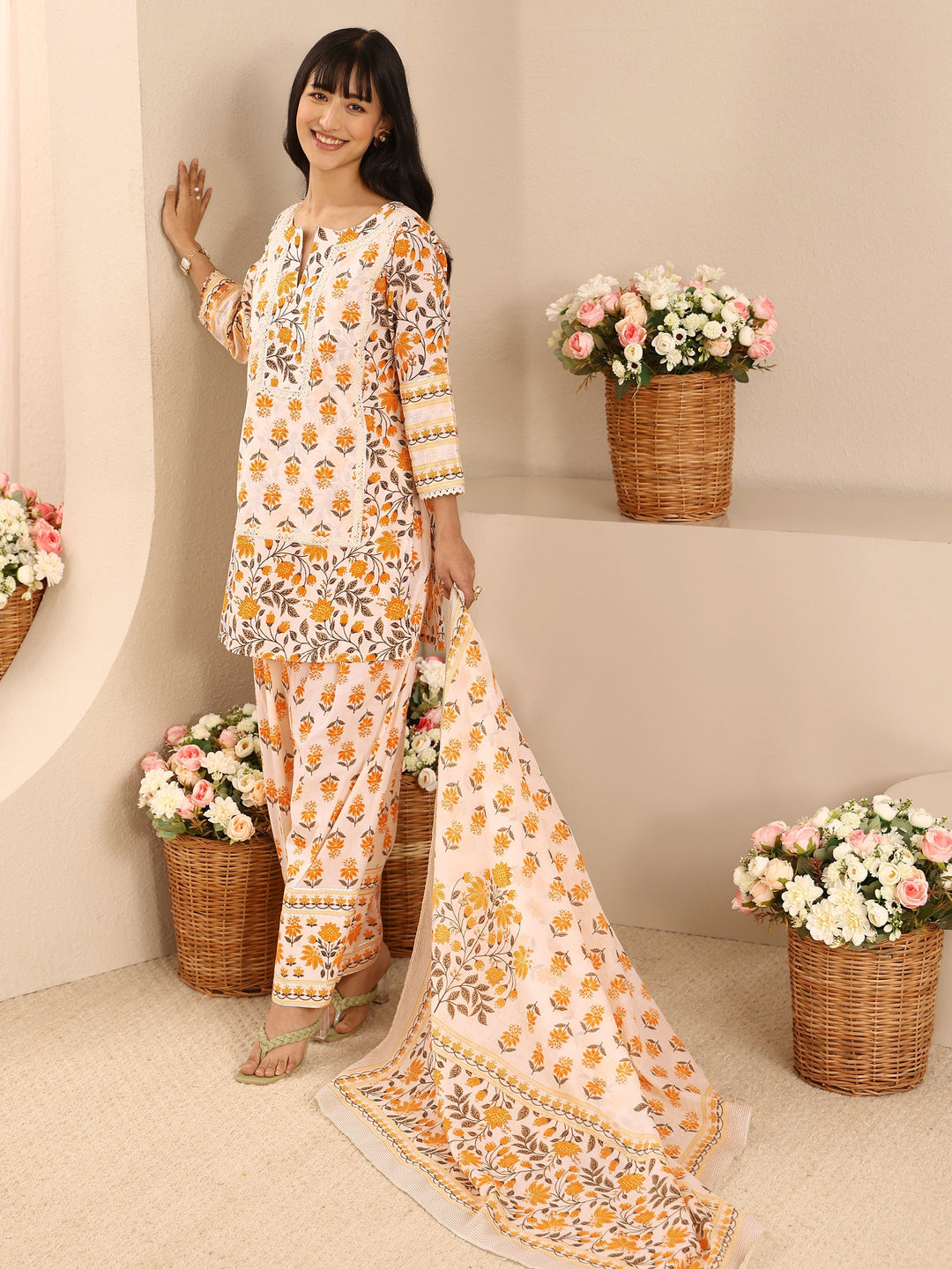 Yellow Floral Printed Cotton Straight Suit Set With Dupatta