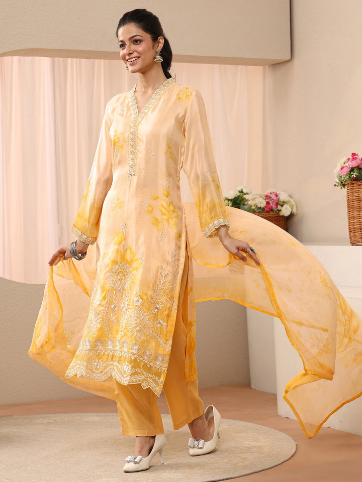 Yellow Floral Printed Silk Blend Straight Suit Set