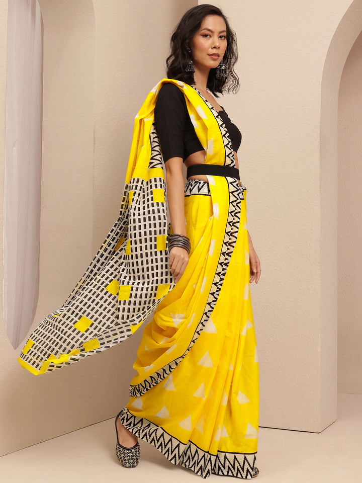 Yellow Geometric Printed Cotton Saree With Unstitched Blouse Piece