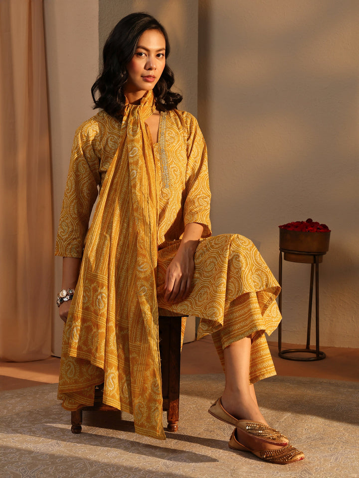 Yellow Paisley Printed Cotton Straight Suit Set With Dupatta