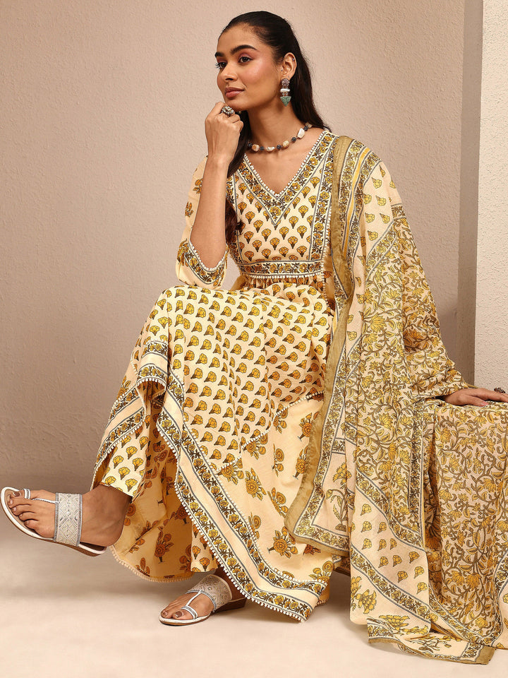 Yellow Printed Cotton Anarkali Suit Set With Dupatta