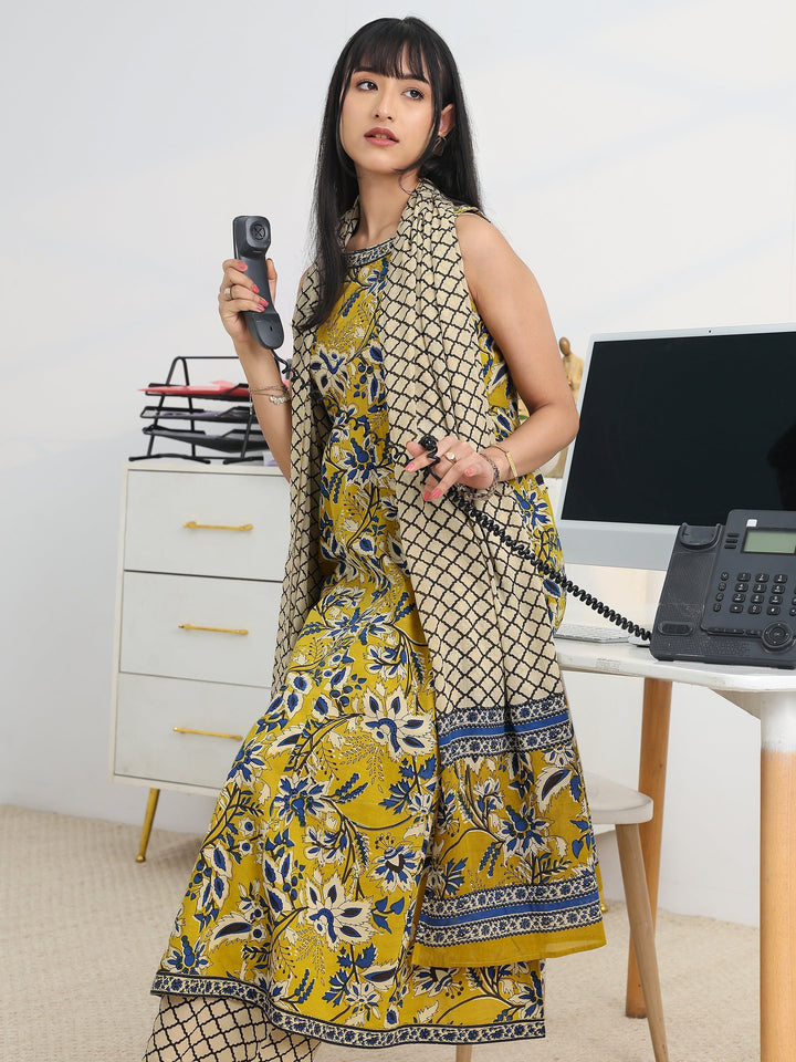 Yellow Printed Cotton Blend Anarkali Suit Set With Dupatta