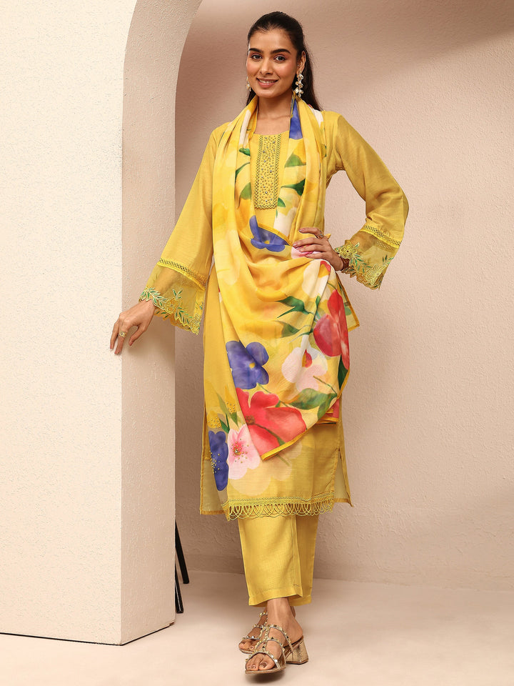 Yellow Printed Cotton Blend Straight Suit Set With Dupatta