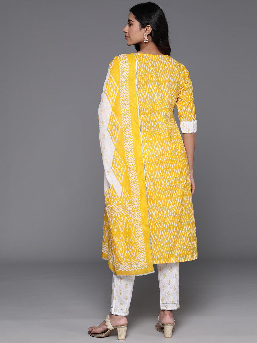Yellow Printed Cotton Straight Kurta With Trousers & Dupatta - ShopLibas