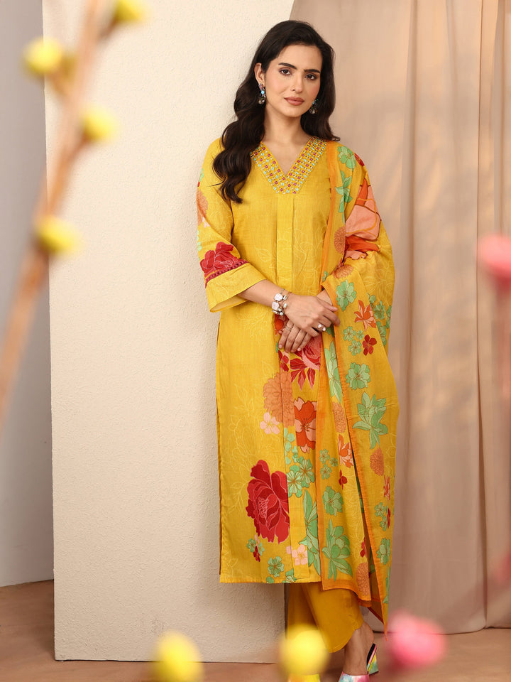 Yellow Printed Cotton Straight Suit Set With Dupatta