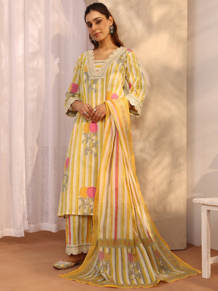 Yellow Printed Cotton Straight Suit Set With Dupatta