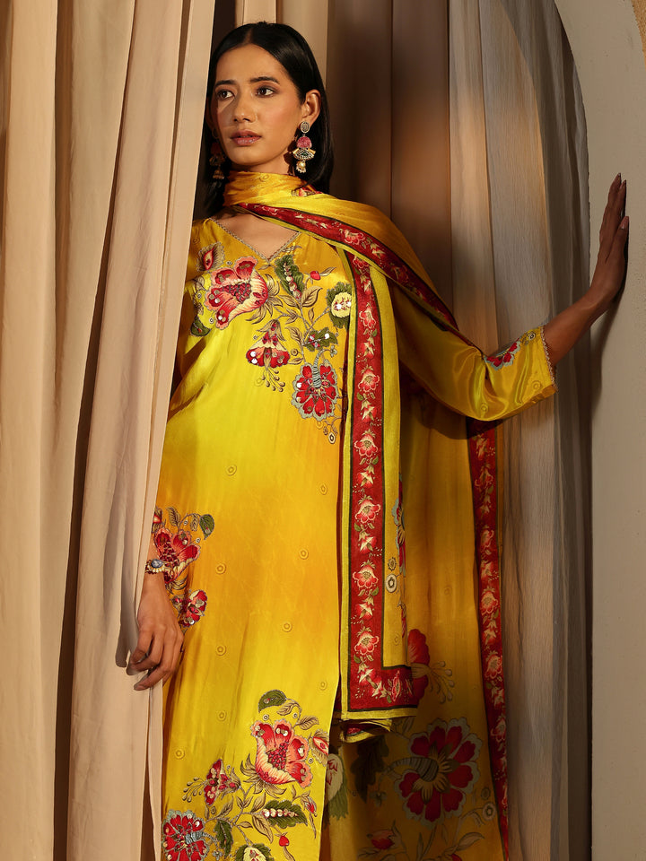 Yellow Printed Crepe Straight Suit Set With Dupatta