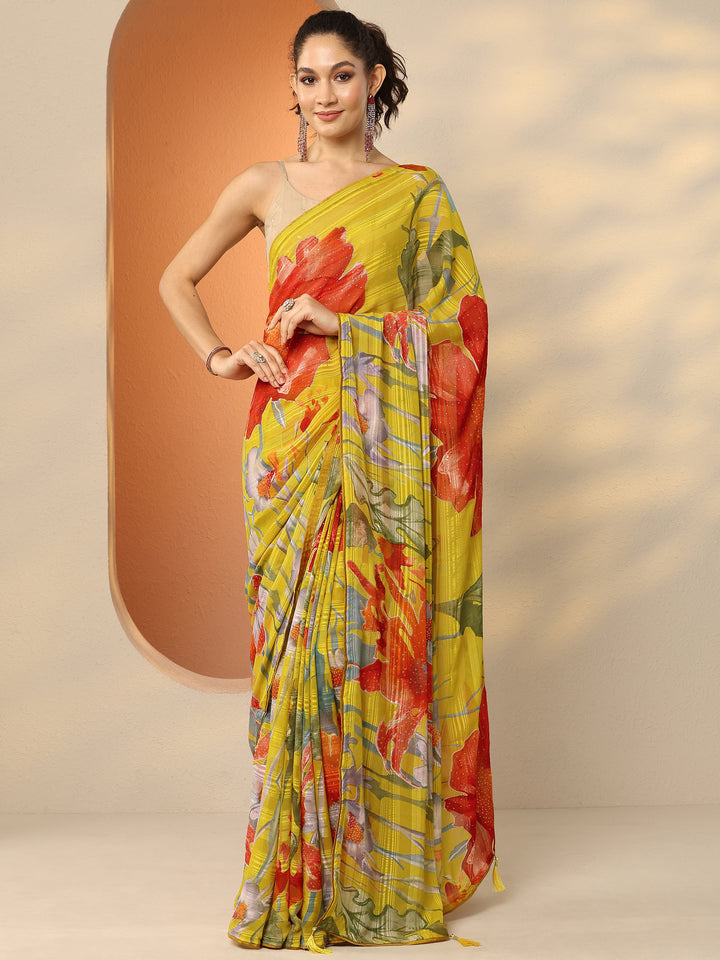 Yellow Printed Georgette Saree With Unstitched Blouse Piece