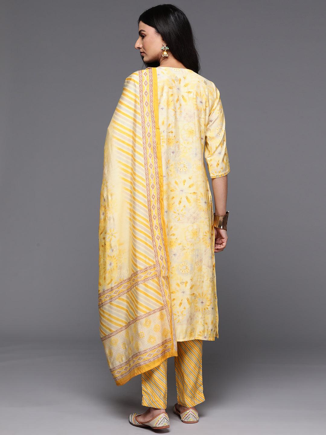 Yellow Printed Silk Blend Straight Kurta With Trousers & Dupatta - ShopLibas 