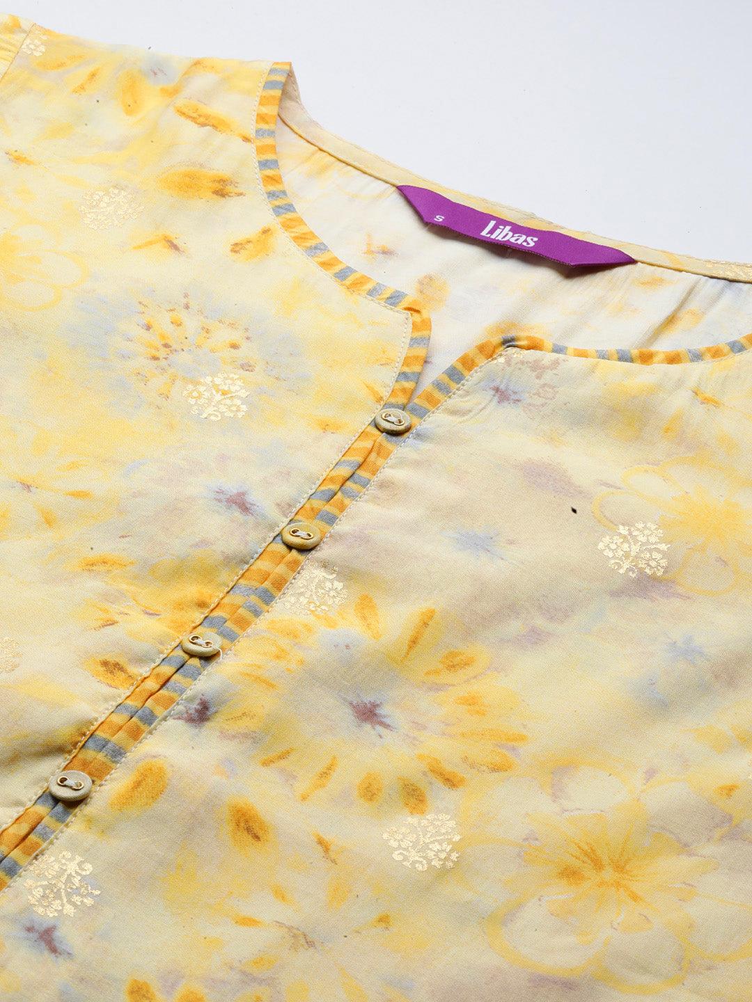 Yellow Printed Silk Blend Straight Kurta With Trousers & Dupatta - ShopLibas 