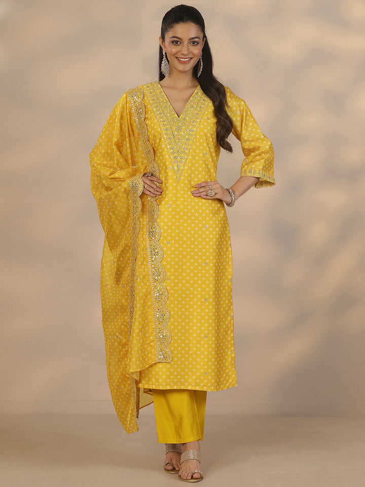 Yellow Printed Silk Blend Straight Suit Set With Dupatta