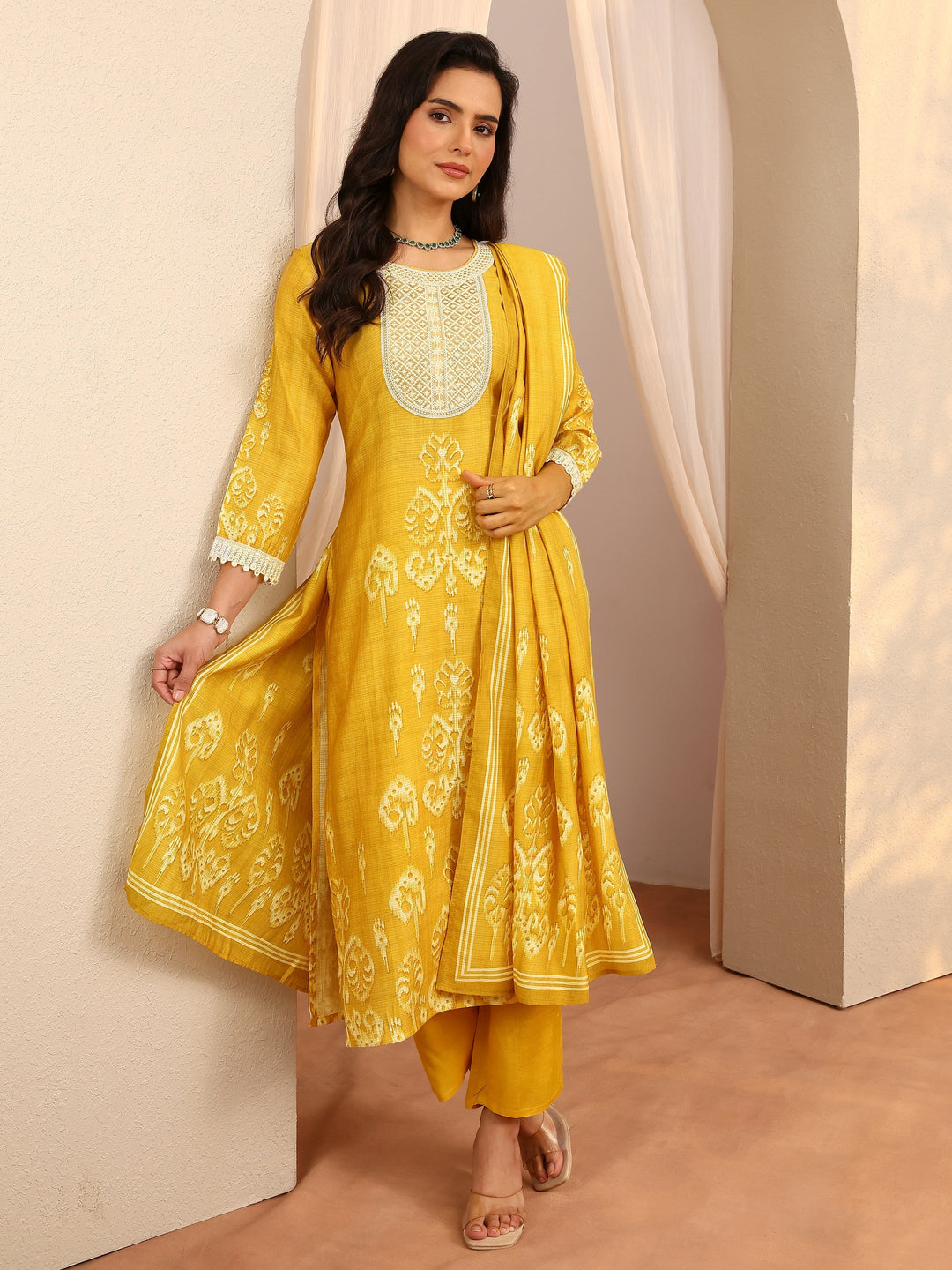Yellow Printed Silk Blend Straight Suit Set With Dupatta