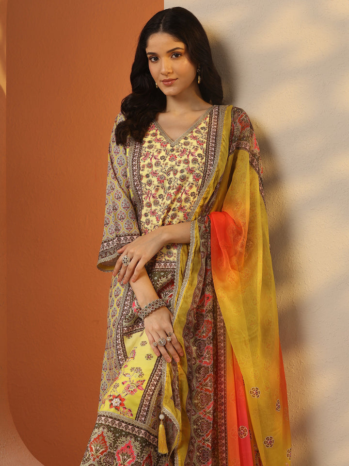 Yellow Printed Silk Blend Straight Suit Set With Dupatta