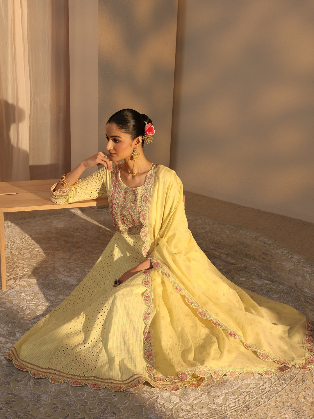 Libas Yellow Schiffli Embroidered Cotton Anarkali Suits Set With Dupatta Libas Yellow Schiffli Embroidered Cotton Anarkali Suits Set With Dupatta