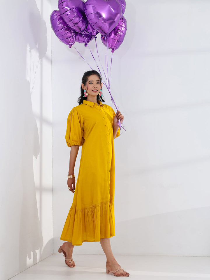 Yellow Solid Cotton A-Line One Piece Dress