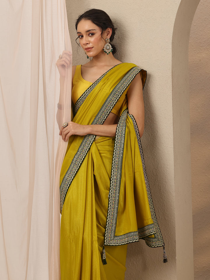 Yellow Solid Silk Blend Saree With Unstitched Blouse Piece