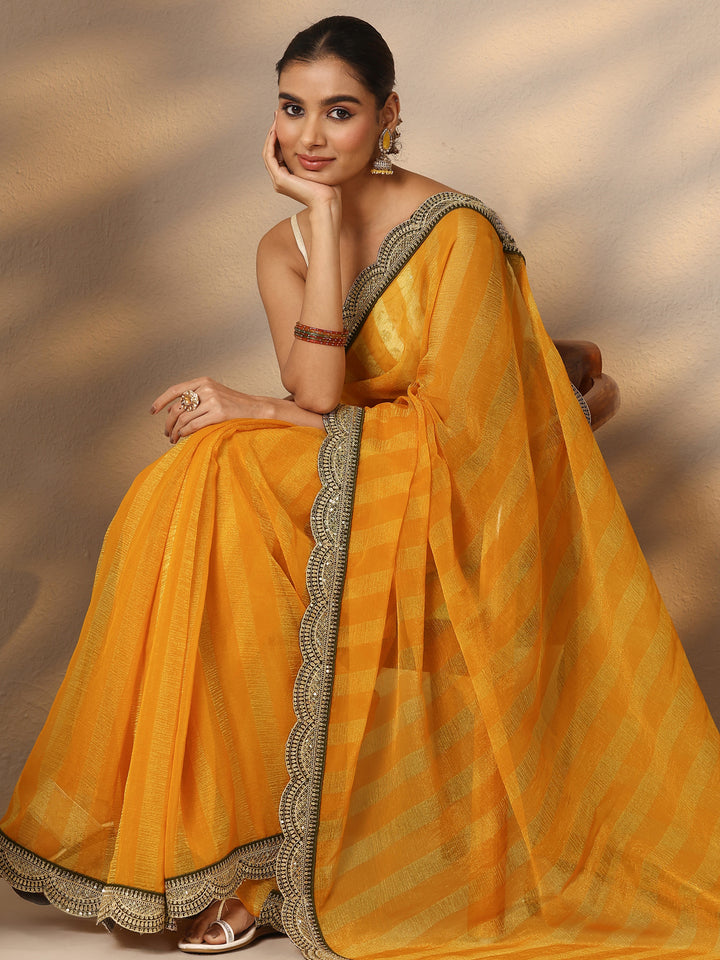 Yellow Striped Embellished Silk Blend Saree With Unstitched Blouse Piece