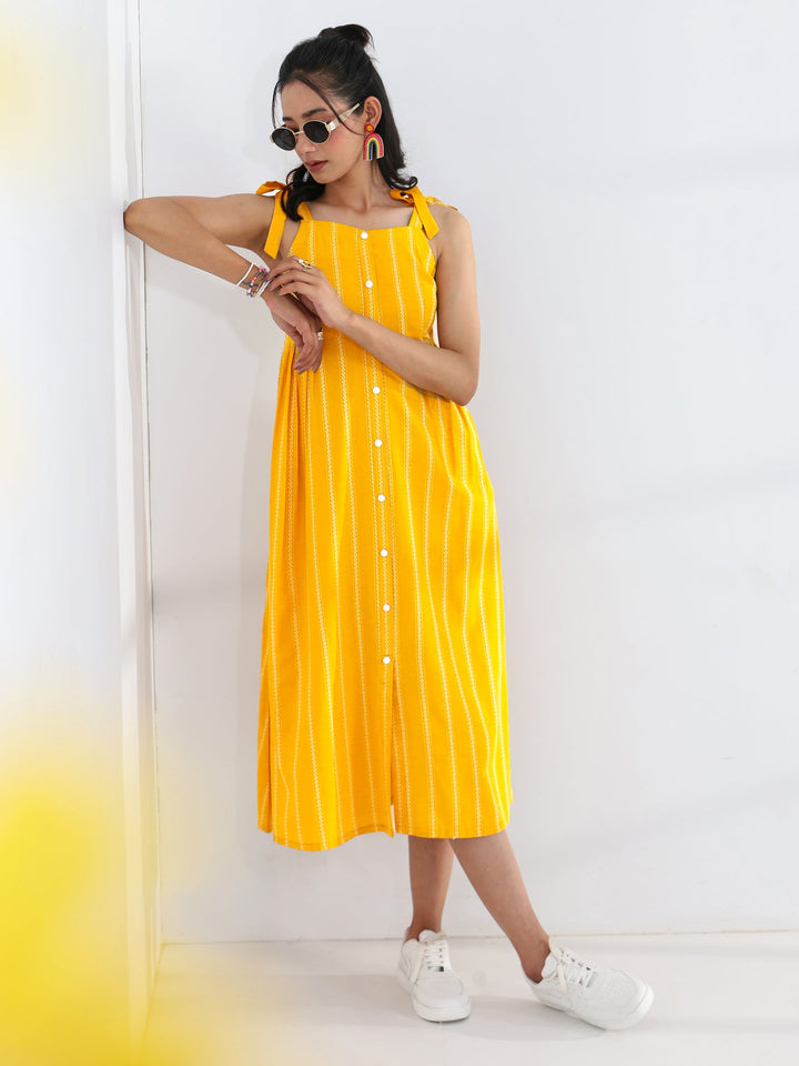 Yellow Striped Woven Design Cotton Blend A-Line One Piece Dress
