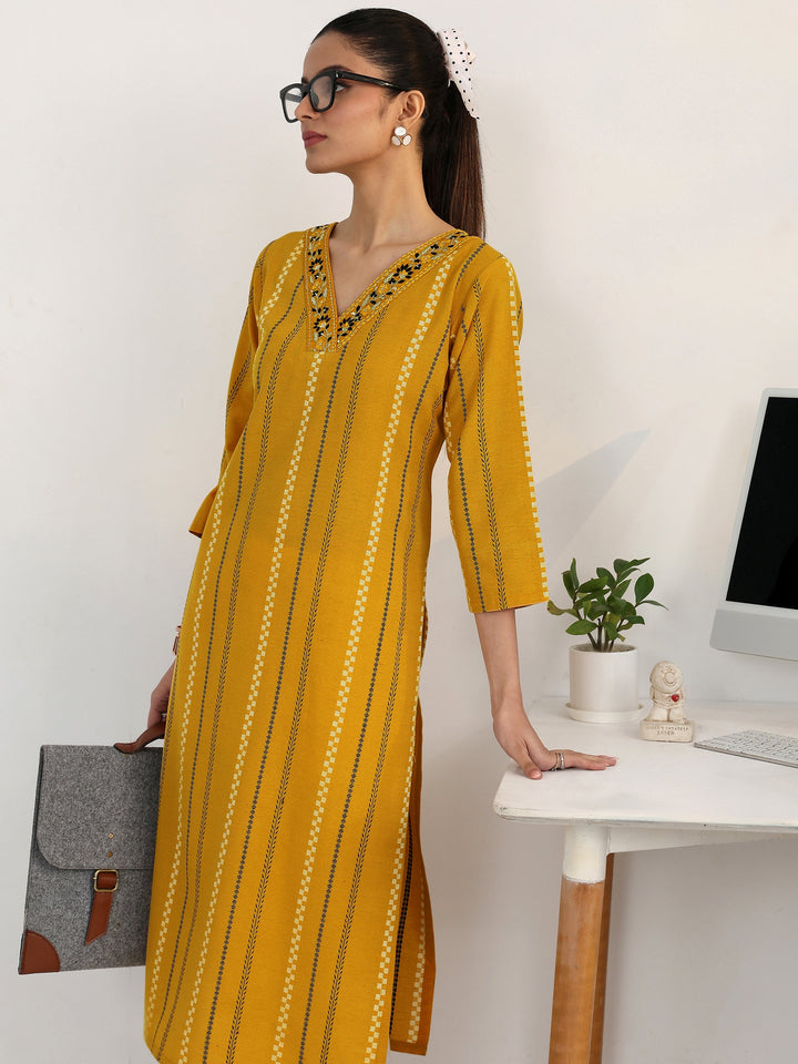 Yellow Striped Woven Design Cotton  Blend Straight Kurta