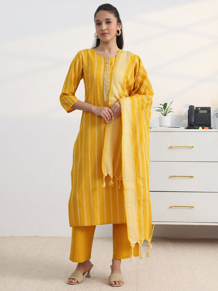 Yellow Striped Woven Design Cotton Blend Straight Suit Set With Dupatta