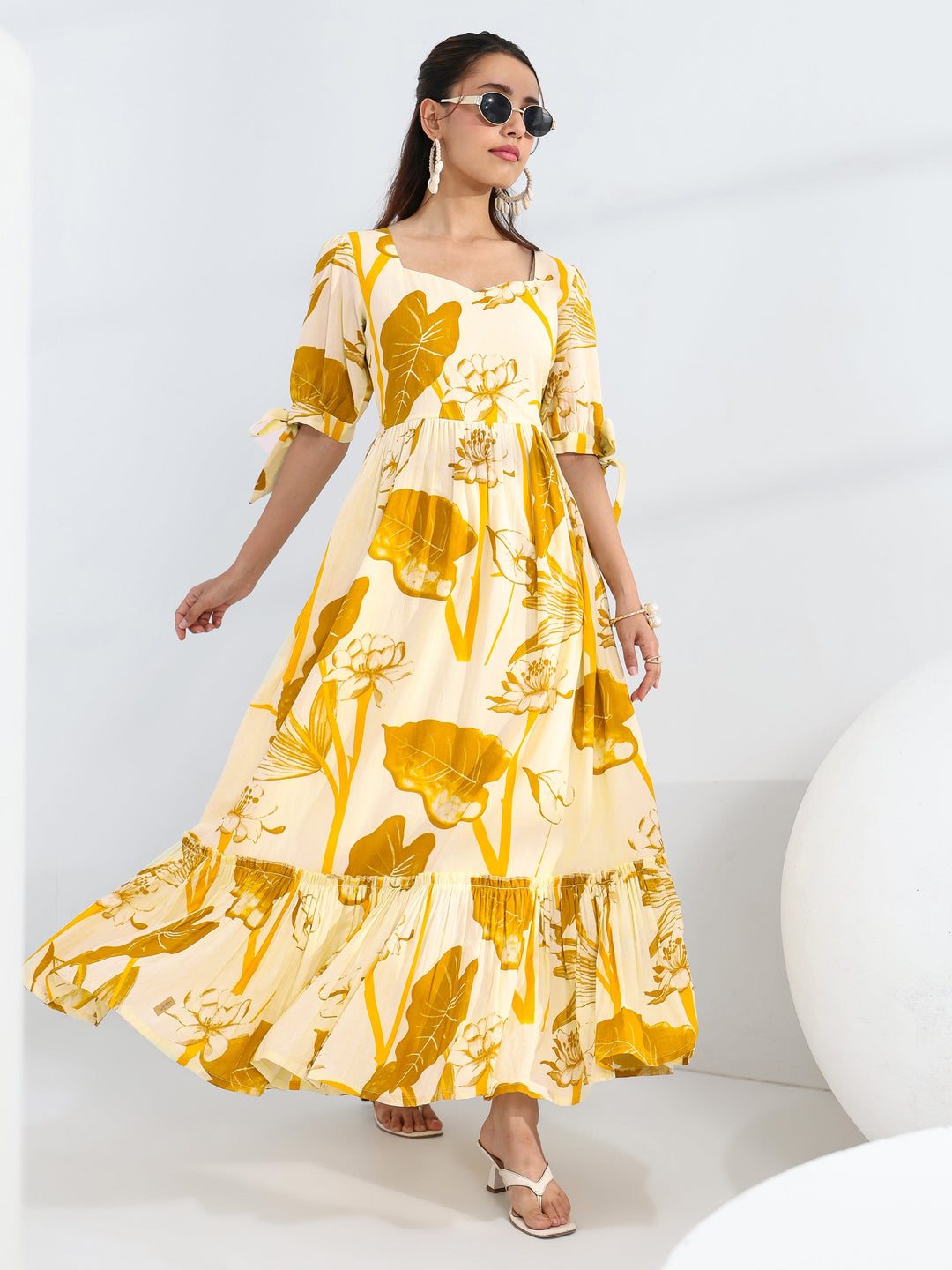 Yellow Tropical Printed Cotton Fit-And-Flare One Piece Dress