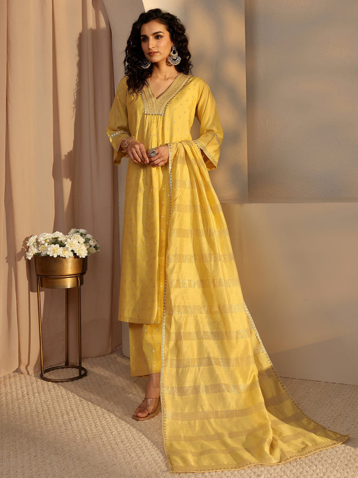 Yellow Woven Design Chanderi Silk A-Line Suit Set With Dupatta