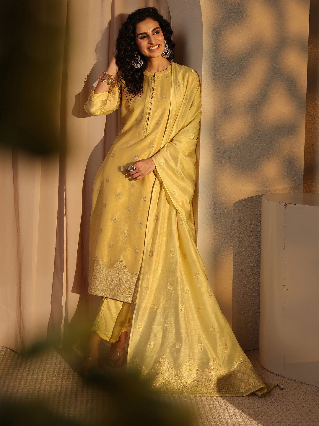 Yellow Woven Design Chanderi Silk Straight Suit Set With Dupatta