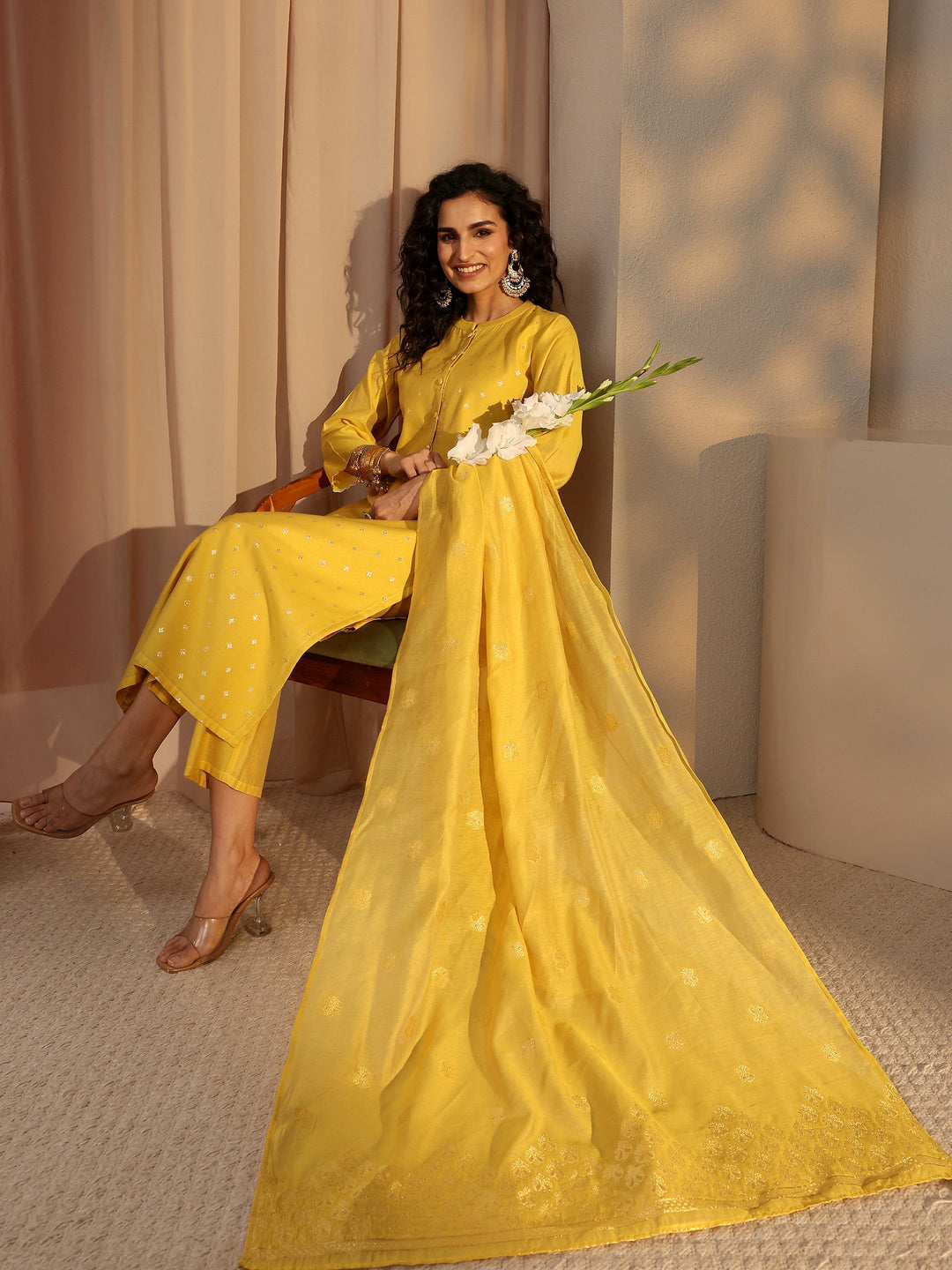 Yellow Woven Design Chanderi Silk Straight Suit Set With Dupatta