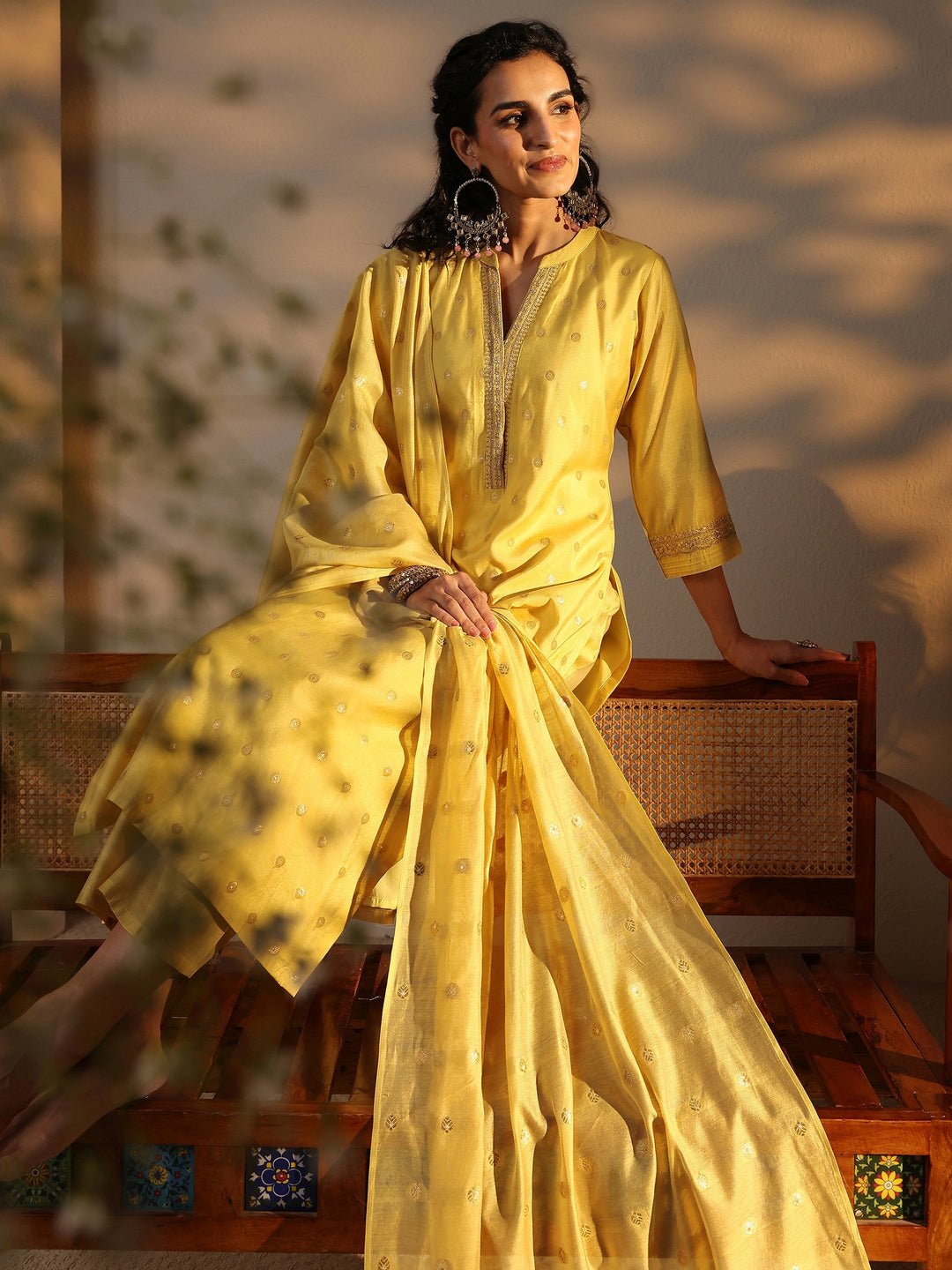Yellow Woven Design Chanderi Silk Straight Suit Set With Dupatta