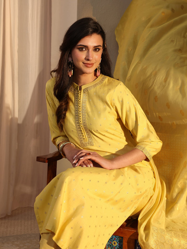 Yellow Woven Design Chanderi Silk Straight Suit Set With Dupatta