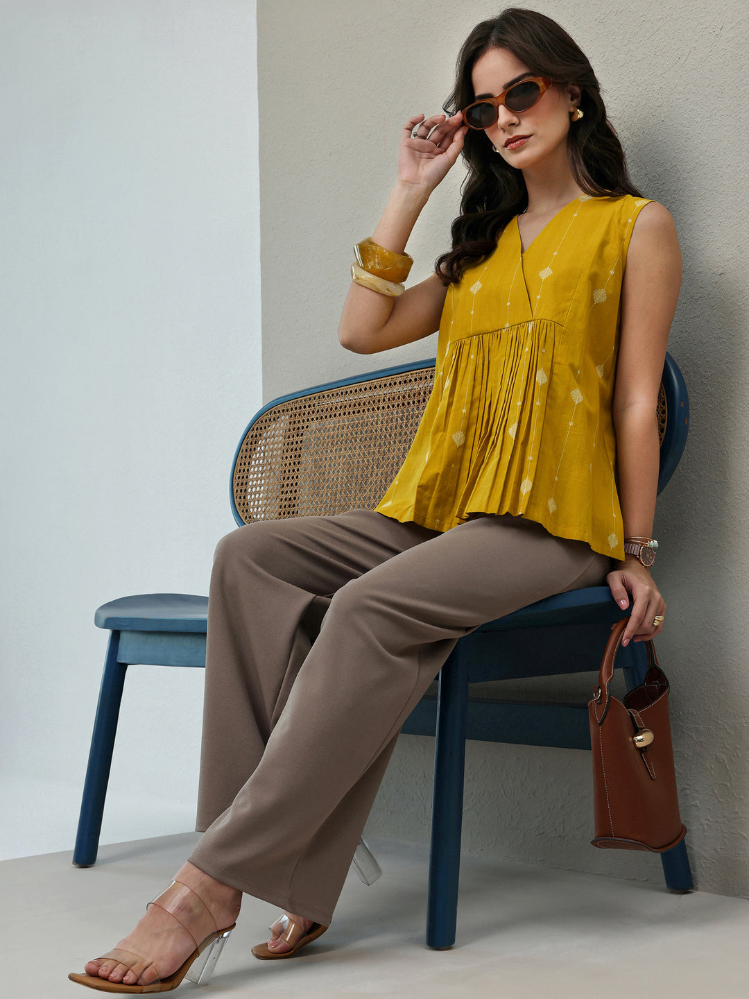Libas Yellow Woven Design Cotton A-Line Top