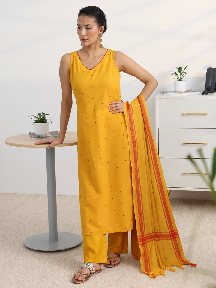 Yellow Woven Design Cotton Blend Straight Suit Set With Dupatta