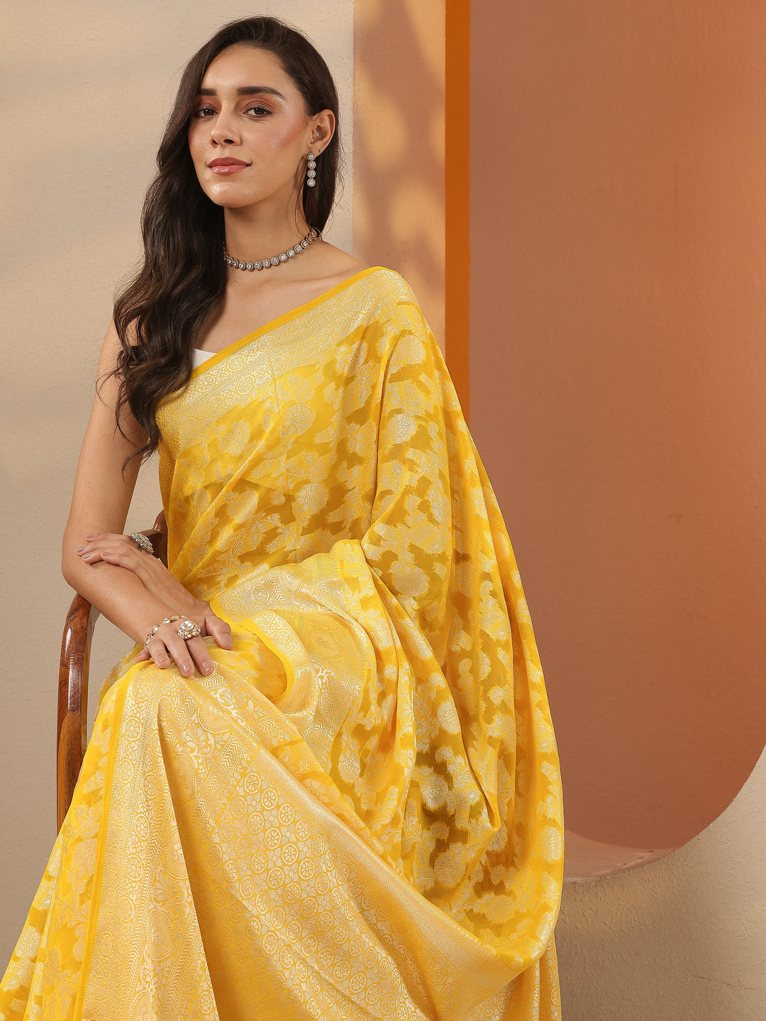Yellow Woven Design Pure Georgette Saree With Unstitched Blouse Piece