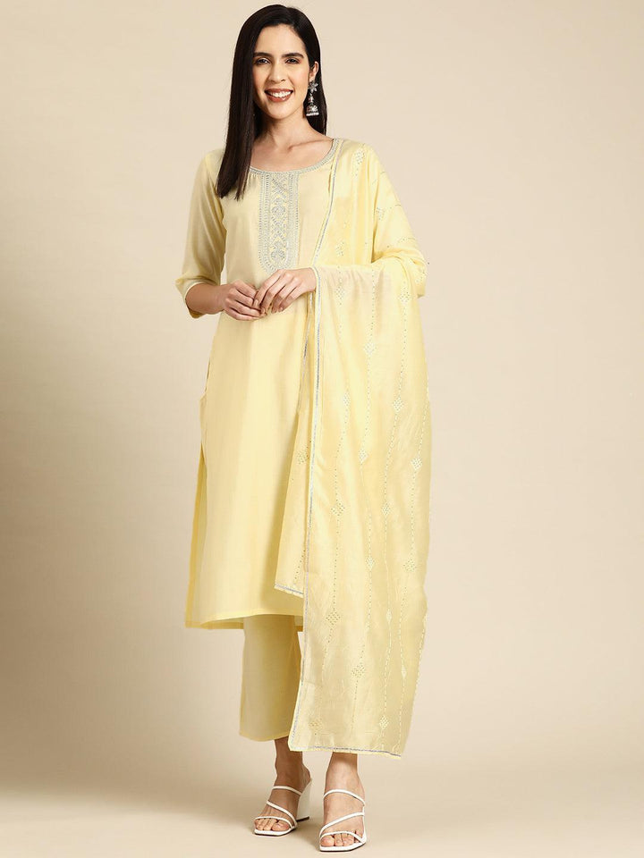 Yellow Yoke Design Silk Blend Straight Suit With Dupatta