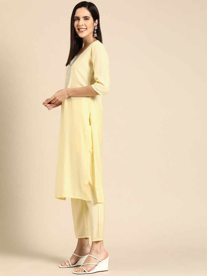 Yellow Yoke Design Silk Blend Straight Suit With Dupatta