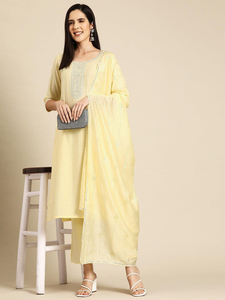 Yellow Yoke Design Silk Blend Straight Suit With Dupatta