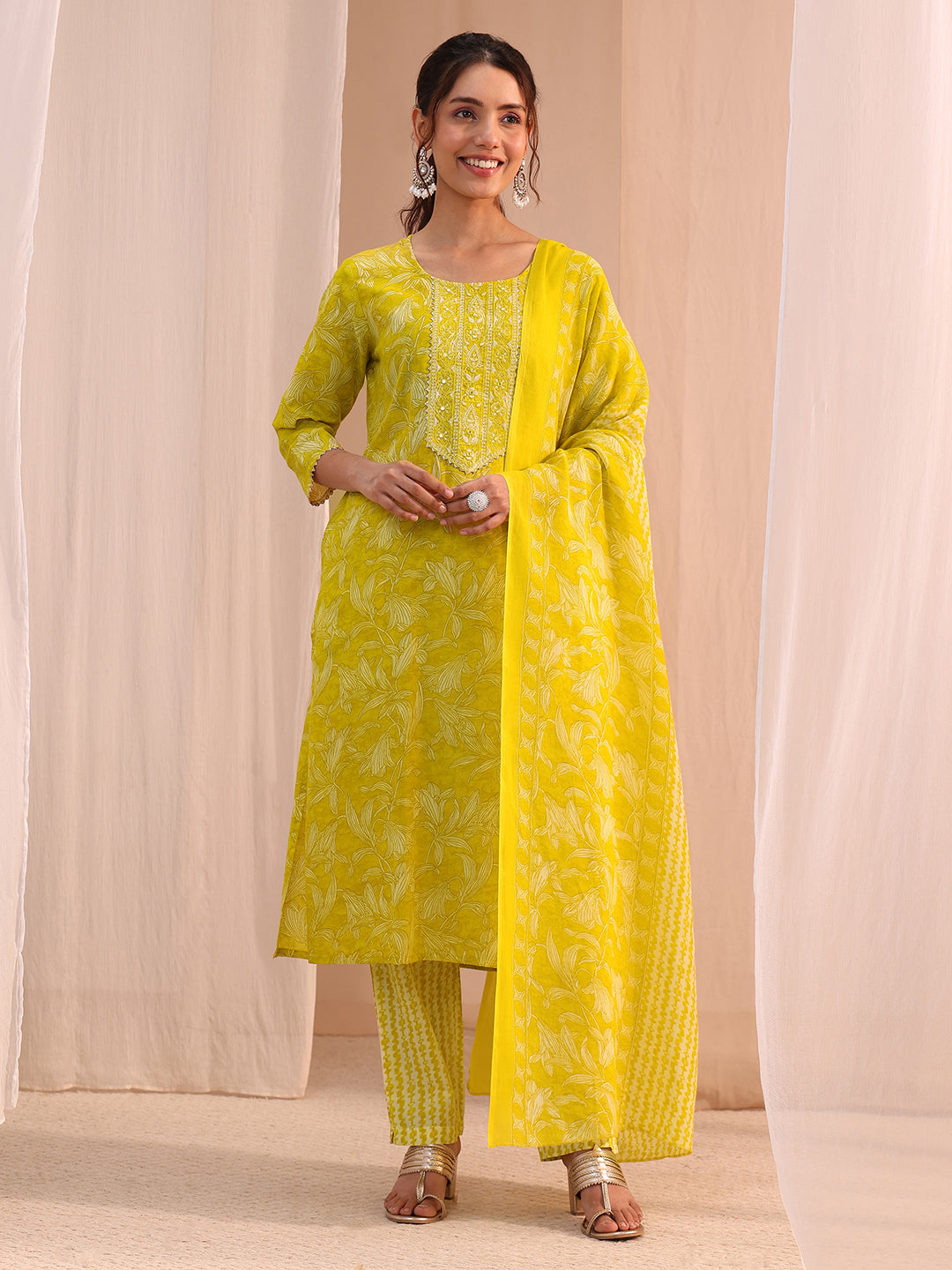 Gerua Yellow Yoke Embroidered Cotton Blend Straight Suit Set