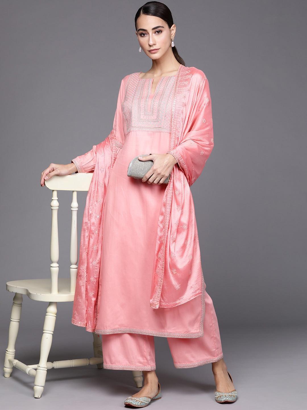Pink Embroidered Silk Blend Suit Set - ShopLibas