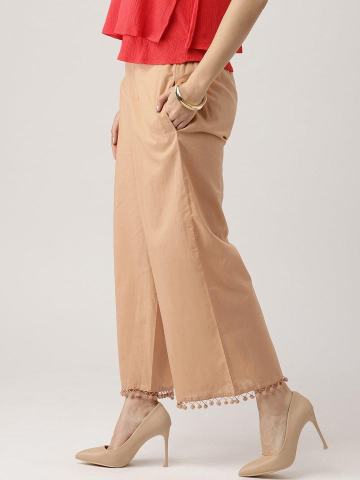 Beige Solid Cotton Palazzos - ShopLibas