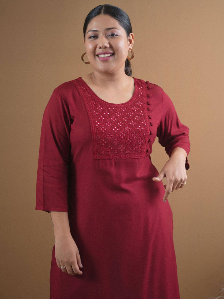 Plus Size Maroon Embroidered Rayon Kurta - ShopLibas