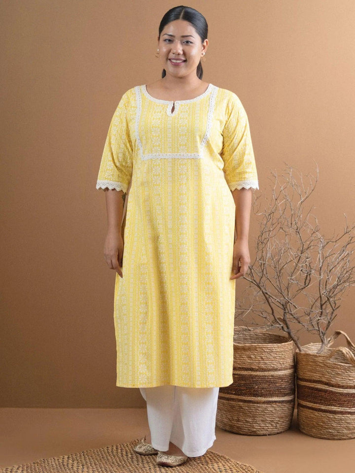 Plus Size Yellow Printed Cotton Kurta - ShopLibas