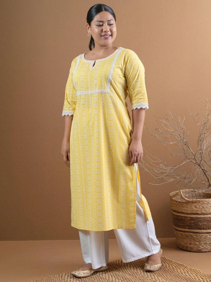 Plus Size Yellow Printed Cotton Kurta - ShopLibas