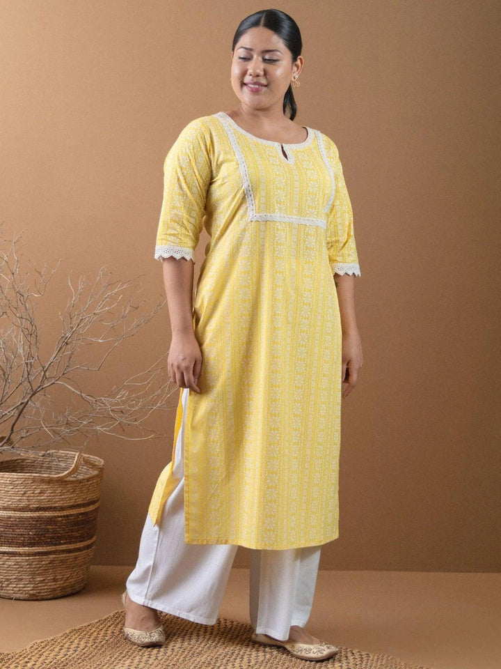 Plus Size Yellow Printed Cotton Kurta - ShopLibas