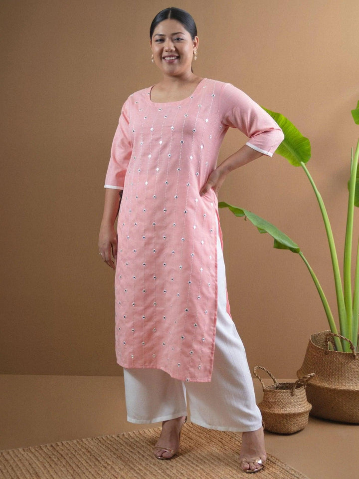 Plus Size Pink Embroidered Cotton Kurta - ShopLibas