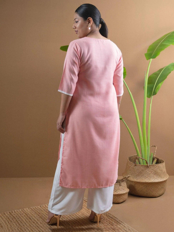 Plus Size Pink Embroidered Cotton Kurta - ShopLibas