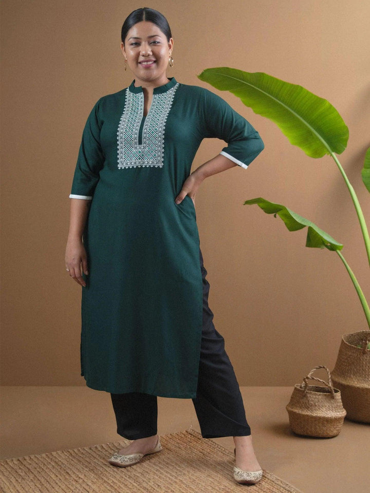 Plus Size Green Embroidered Rayon Kurta - ShopLibas
