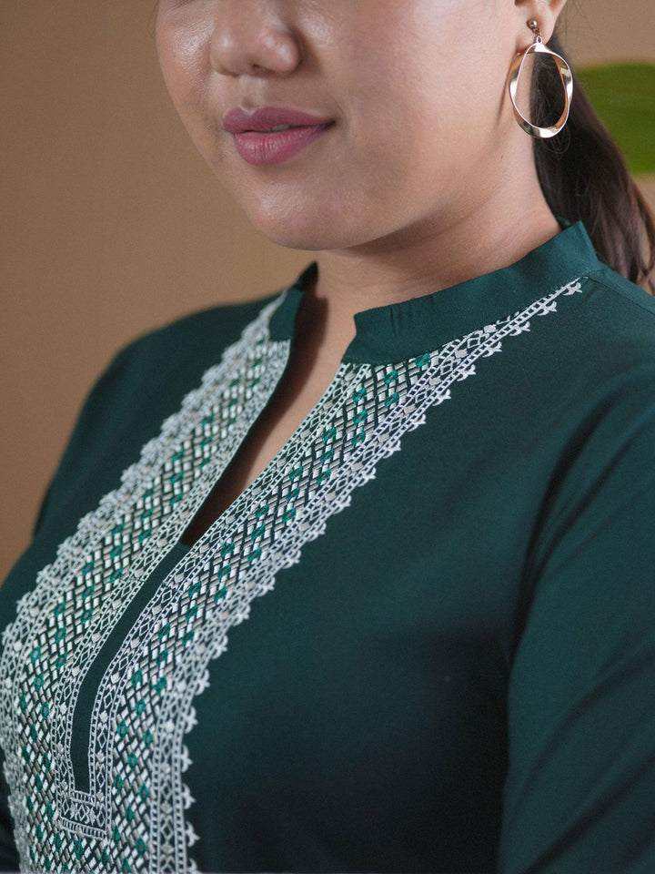 Plus Size Green Embroidered Rayon Kurta - ShopLibas