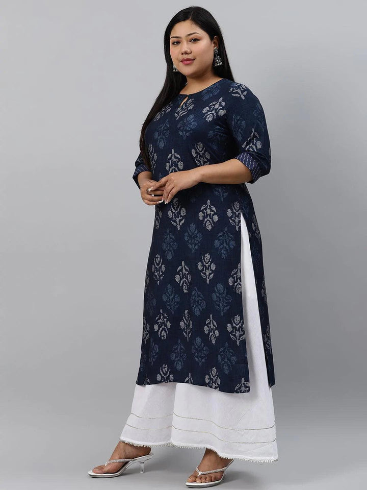 Plus Size Blue Printed Rayon Kurta - ShopLibas